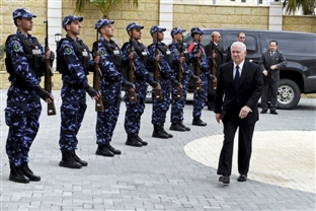 U.S. Defense Secretary Robert M. Gates arrives at the office of Palestenian Prime Minister Salam Fayyad in Ramallah, West Bank, March 25, 2011.