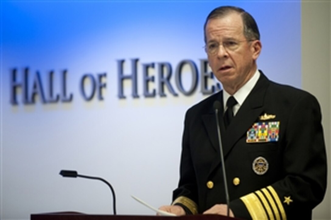 Navy Adm. Mike Mullen, chairman of the Joint Chiefs of Staff, addresses audience members during a ceremony in the Pentagon's Hall of Heroes honoring the 150th anniversary of the Medal of Honor, Washington, D.C., March 25, 2011. 