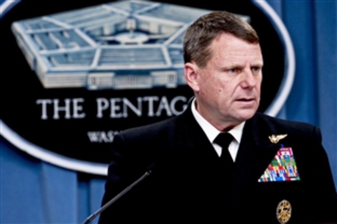 Navy Vice Adm. William E. Gortney, director of the Joint Staff, updates the media at a briefing on Operation Odyssey Dawn at the Pentagon, March 25, 2011.