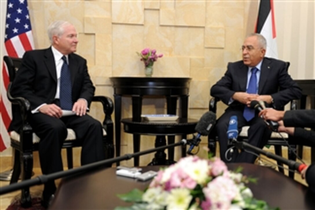 Secretary of Defense Robert M. Gates meets with Palestinian Prime Minister Salaam Fayyed in his office in Ramallah, West Bank, on March 25, 2011.  
