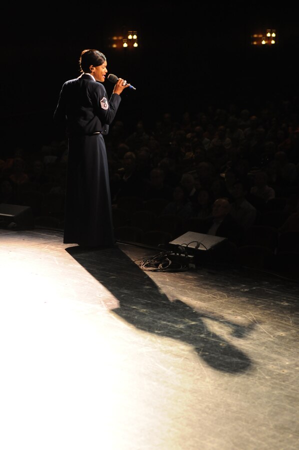 Master Sgt. Shani Prewitt performs “Freedom” during the 2010 fall tour.  This April, the Concert Band and Singing Sergeants will embark on a 19-day tour through the states of Oklahoma, Texas and Louisiana. All of the concerts will be free and open to the public, but do require tickets. The latest information concerning ticket distribution for each performance will be posted on our website calendar.  (Photo by Senior Airman Christopher Ruano)