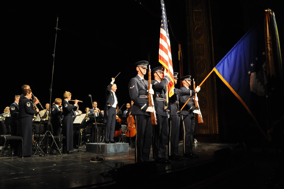 The USAF Honor Guard posts the colors during the 2010 fall tour. This April, the Concert Band and Singing Sergeants will embark on a 19-day tour through the states of Oklahoma, Texas and Louisiana. All of the concerts will be free and open to the public, but do require tickets. The latest information concerning ticket distribution for each performance will be posted on our website calendar.  (Photo by Senior Airman Christopher Ruano)