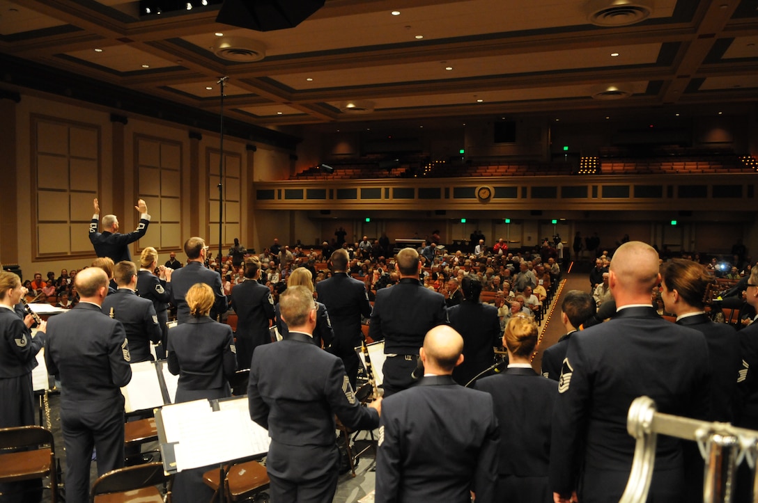 Lt. Col. A. Phillip Waite, Commander and Conductor of The USAF Band, leads the Concert Band in “The Stars and Stripes Forever” during the 2010 fall tour.  This April, the Concert Band and Singing Sergeants will embark on a 19-day tour through the states of Oklahoma, Texas and Louisiana. All of the concerts will be free and open to the public, but do require tickets. The latest information concerning ticket distribution for each performance will be posted on our website calendar.  (Photo by Senior Airman Christopher Ruano)