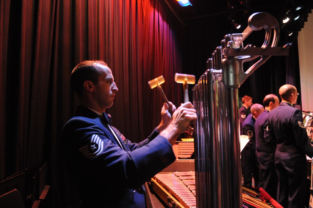 Tech. Sgt. Adam Green, percussionist in the Concert Band, performs during the 2010 fall tour.  This April, the Concert Band and Singing Sergeants will embark on a 19-day tour through the states of Oklahoma, Texas and Louisiana. All of the concerts will be free and open to the public, but do require tickets. The latest information concerning ticket distribution for each performance will be posted on our website calendar.  (Photo by Senior Airman Christopher Ruano)