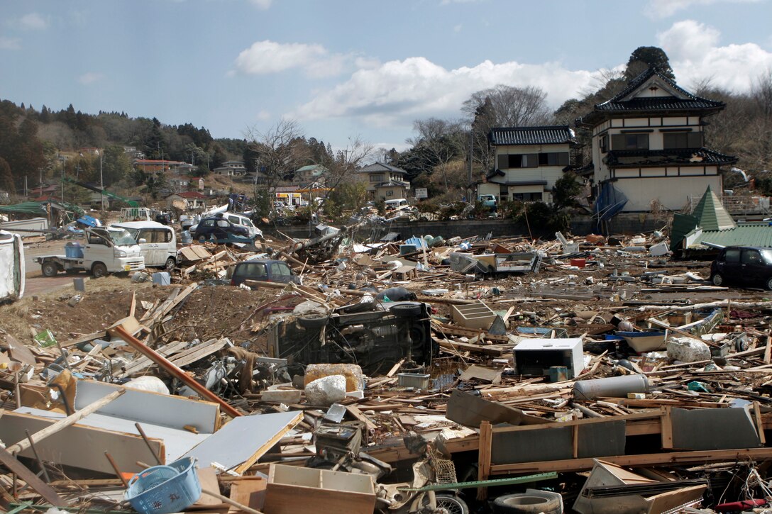 Houses lie in ruins in one of the most devastated areas of Oshima Island, March 27. The 31st Marine Expeditionary Unit delivered food, water, health and comfort supplies, and Japanese electrical utility vehicles to the isolated island, in conjunction with Japanese Self-Defense Forces. The 31st MEU’s involvement is part of a larger U.S. government response, after a 9.0 earthquake and subsequent tsunami struck Japan causing widespread damage. The 31st MEU is ready to support our Japanese partners and to provide assistance when called upon.