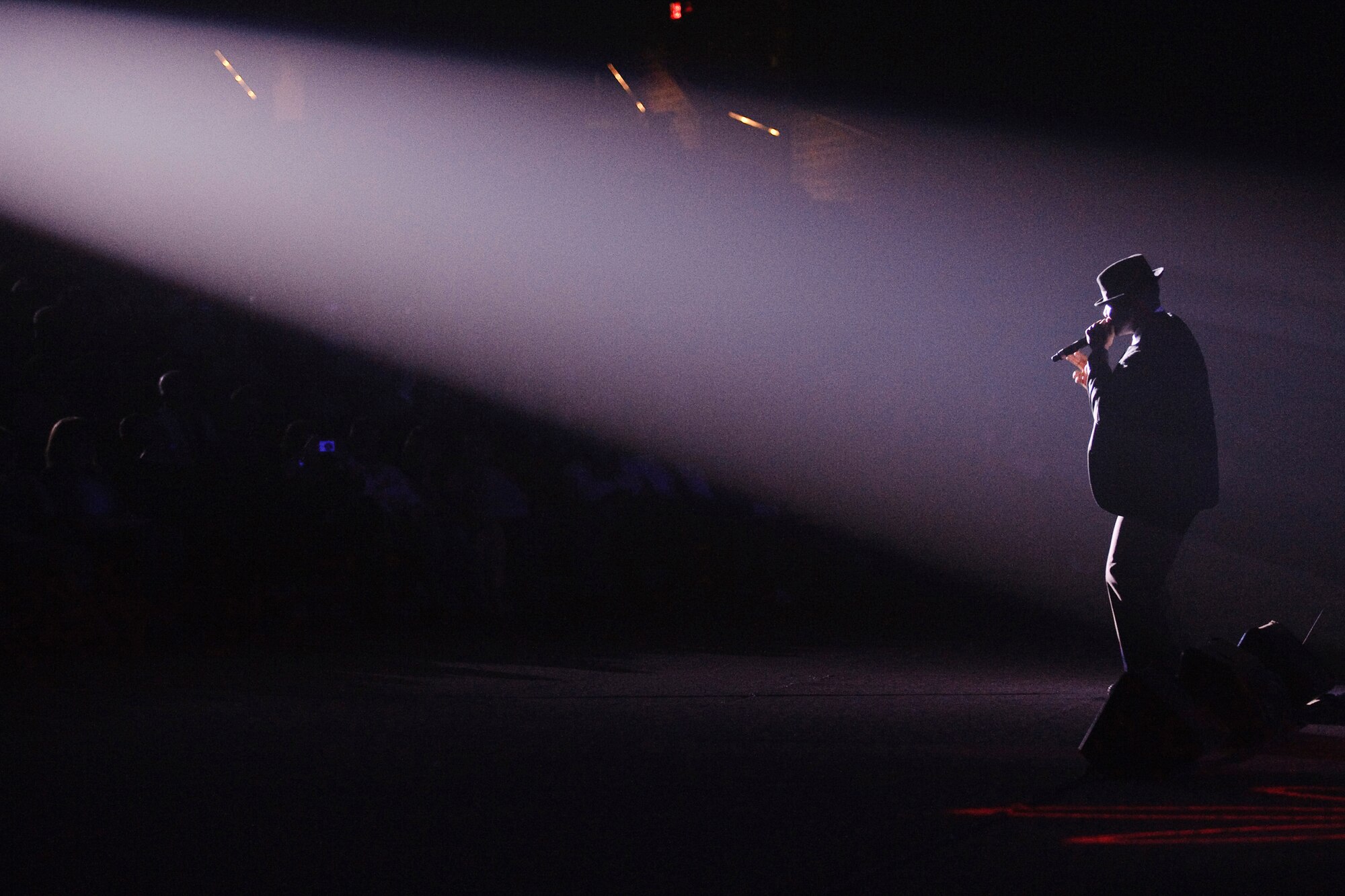 A member of Tops In Blue performs a solo during the final concert of the 2010 "We Believe" tour held at the Laurie Auditorium located on Trinity University, San Antonio, Texas, March 27. 
(U.S. Air Force photo/Steve Thurow) 