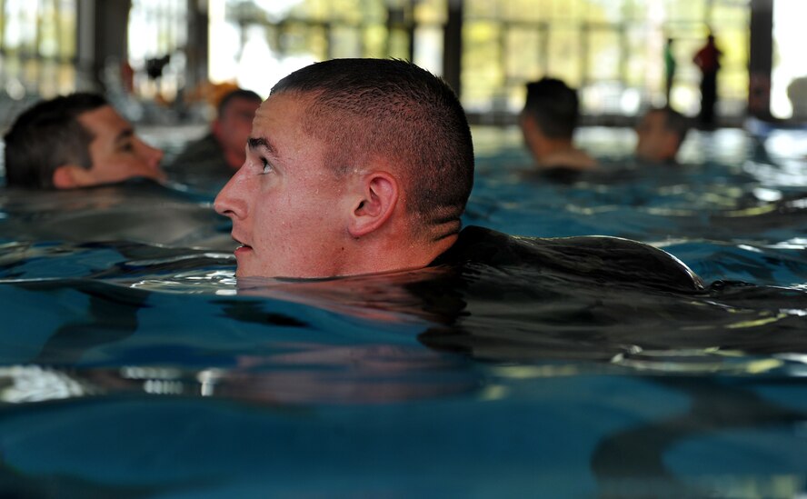 MOODY AIR FORCE BASE, Ga.-- Air Force ROTC Senior Airman Cadet Chris Skorenki, University of Central Florida, wades in the water during water confidence training March 23. Cadet Skorenki participated in the air liaison officer training course along with other cadets and officers from various bases as well as location around the world. (U.S. Air Force photo/Airman 1st Class Joshua Green)(RELEASED)
