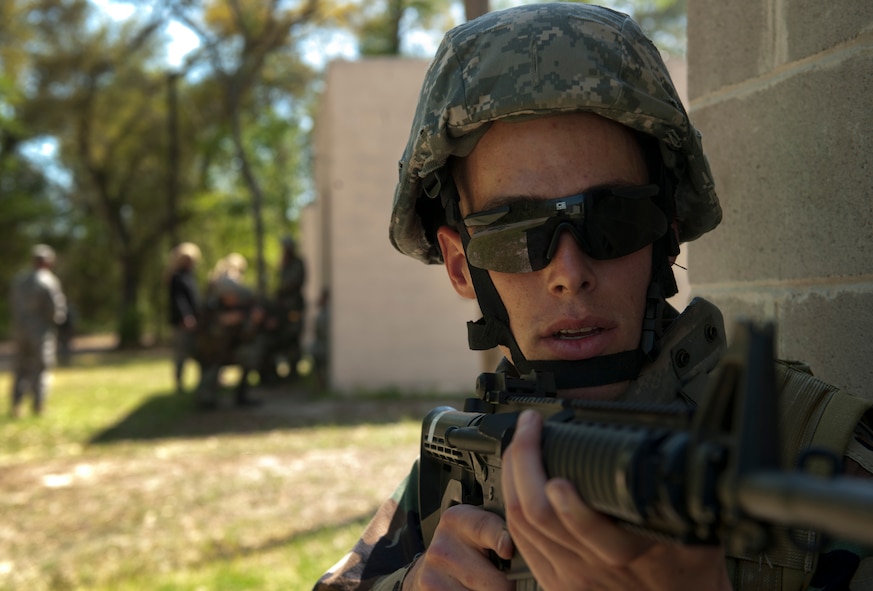 MOODY AIR FORCE BASE, Ga.-- U.S. Air Force Academy cadet Joel Corap, keeps watch as his fellow trainees talk to allied forces during a combat portion of air liaison officer training March 24. Trainees participated in the air liaison officer training as a preliminary course to the school they’ll attend if recommended.
(U.S. Air Force photo/Airman 1st Class Joshua Green)(RELEASED)
