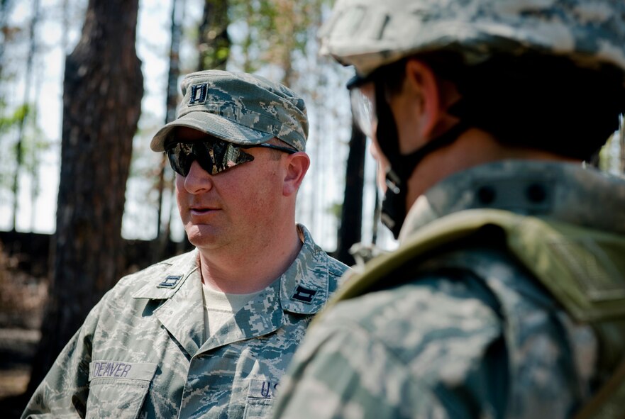 MOODY AIR FORCE BASE, Ga.-- Captain Nathan Deaver, 21st Operations Group officer in charge, Cheyenne Mountain, Colo., speaks to trainees about their training scenario March 24. The trainees went through a combat scenario and were tested on how well they could lead their team and accomplish the mission. (U.S. Air Force photo/Airman 1st Class Joshua Green)(RELEASED)

