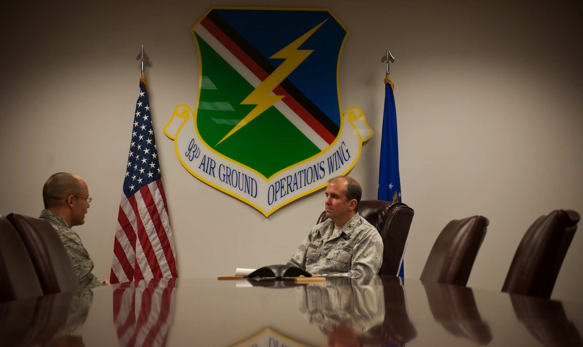 MOODY AIR FORCE BASE, Ga.-- Col. Thomas Webster, 93rd Air Ground Operations Wing vice commander, interviews and evaluates a trainee towards the end of the air liaison officer training course March 25. Colonel Webster took each interview, ALO aptitude assessment and input from the cadre into consideration to determine which trainees would be recommended for the air liaison officer training school. (U.S. Air Force photo/Airman 1st Class Joshua Green)(RELEASED)
