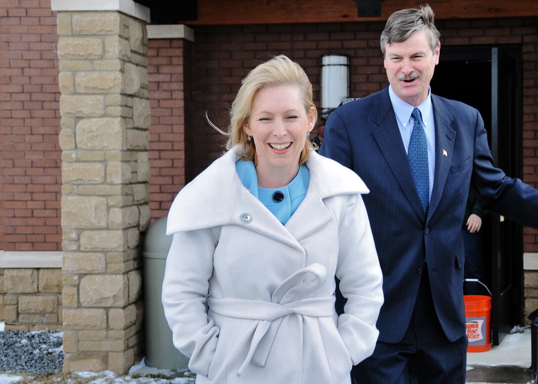 New York Senator Kirsten Gillibrand (left) and Niagara Falls Mayor Paul Dyster tour the new Community and Activity Center at the Niagara Falls Air Reserve Center, March 25, 2010, Niagara Falls, NY. During her visit Senator Gillibrand was given a tour of the base and answered questions from the media. (U.S. Air Force photo by Staff Sgt. Joseph McKee)