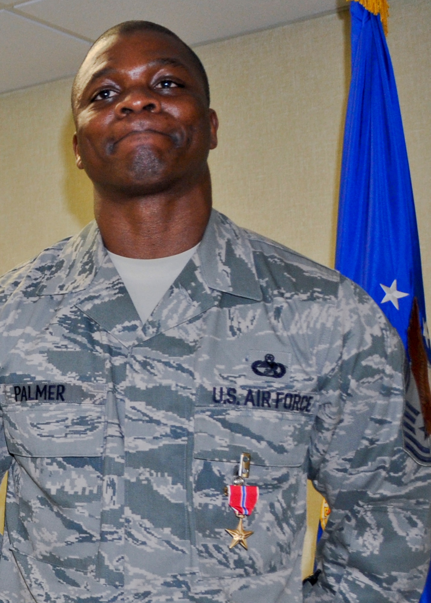 Chief Master Sgt. Curtis Palmer, 96th Logistics Readiness Squadron, was awarded the Bronze Star for meritorious service as senior superintendent while supporting ground and air operations in Southwest Asia from April 18, 2009 to Oct. 26, 2010.  During this period, Palmer led 876 aerial port personnel through five air expeditionary force rotations, building a cohesive team and enabling the movement of 178,000 cargo tons and 359,000 passengers supporting Operations Enduring and Iraqi Freedom, New Dawn and Combined Task Force Horn of Africa.  (U.S. Air Force photo/Kevin Gaddie)      
