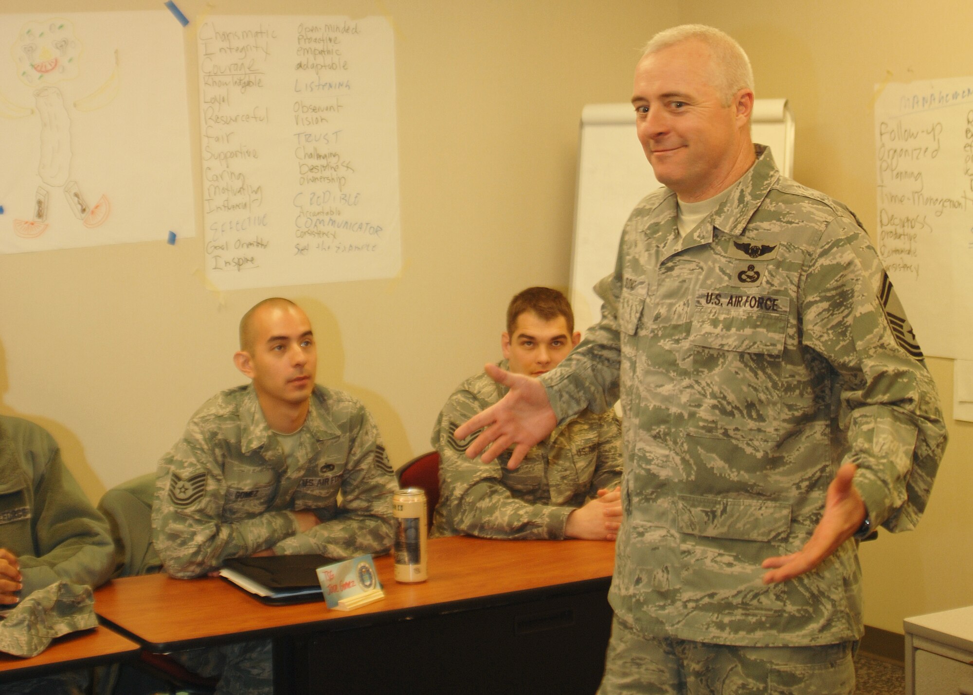 GRISSOM AIR RESERVE BASE, Ind. -- Senior Master Sgt. Ken Sloat, 10th Air Force historian, teaches a noncommissioned officer leadership development course here on March 24. The 10-day course, going from March 21 - April 1, is designed to teach Airmen leadership and management qualities that they can implement in the field.  (U.S. Air Force photo/Senior Airman Damon Kasberg)