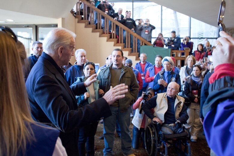 Vice President Joe Biden greets volunteers during registration for the 25th annual National Disabled Veterans Winter Sports Clinic March 27, 2011, in Snowmass Village, Colo. The program, which brings together nearly 400 veterans with disabilities through adaptive winter sports, is organized by the Veterans Affairs Department and the Disabled American Veterans. (White House photo)