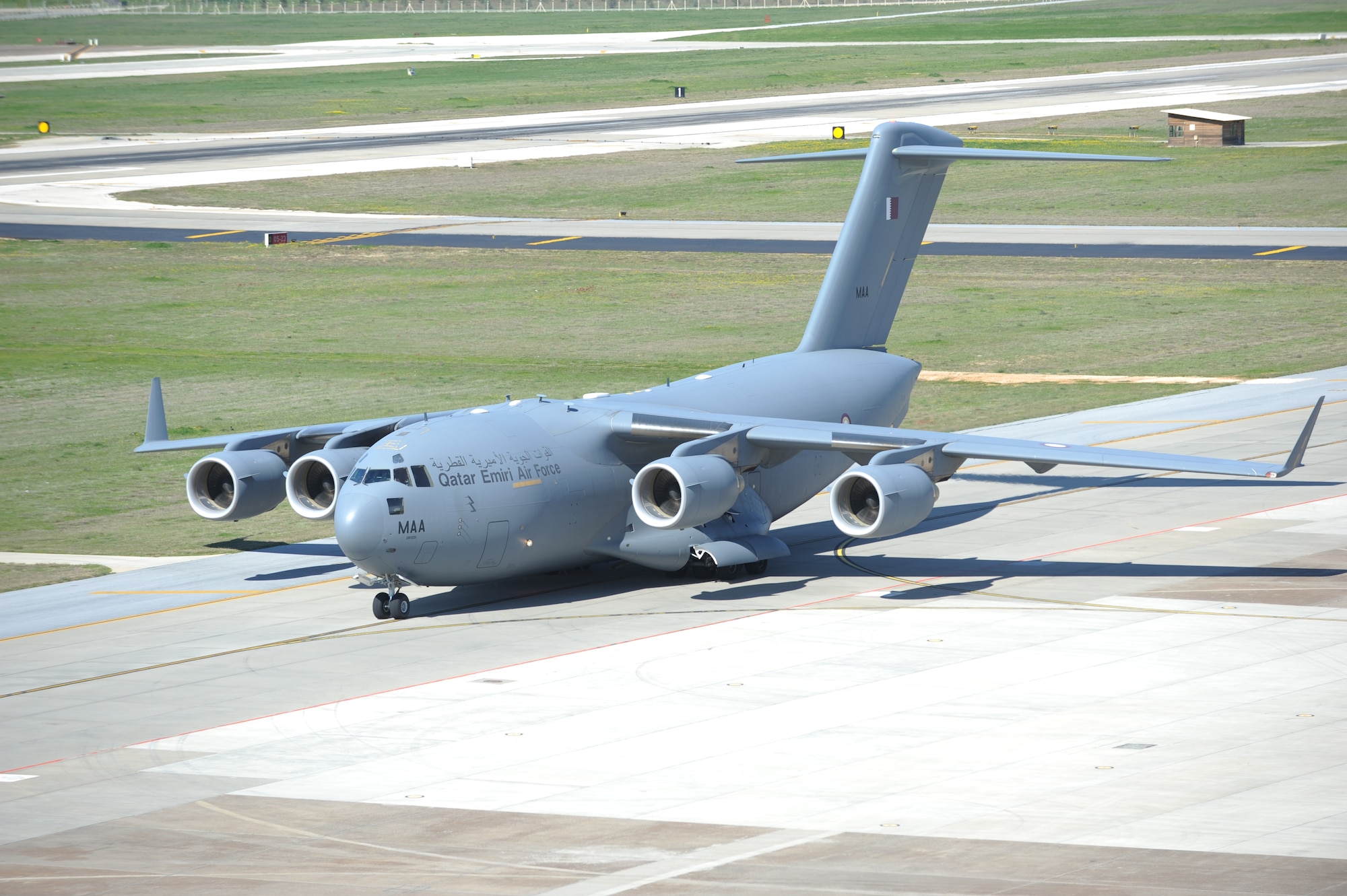 A Qatari C-17 taxies down the runway March 25, 2011, at Incirlik Air Base, Turkey to refuel in support of Operation Odyssey Dawn.  Joint Task Force Odyssey Dawn is the U.S. Africa Command task force established to provide operational and tactical command and control of U.S. military forces supporting the international response to the unrest in Libya and enforcement of United Nations Security Council Resolution 1973. UNSCR 1973 authorized all necessary measures to protect civilians in Libya under threat of attack by Qadhafi regime forces. JTF Odyssey Dawn is commanded by U.S. Navy Admiral Samuel J. Locklear, III. (U.S. Air Force photo by Airman 1st Class Clayton Lenhardt)
