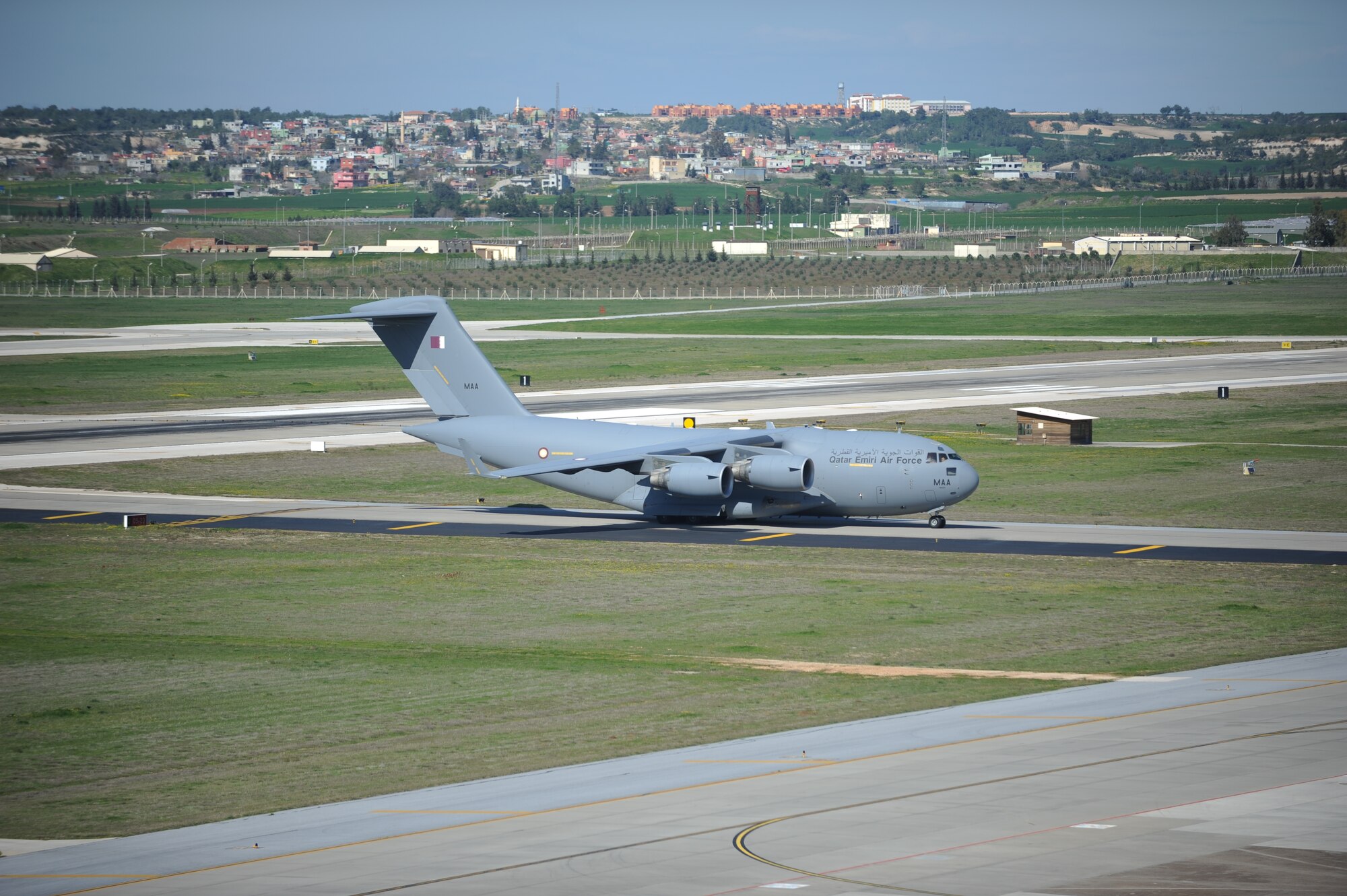 A Qatari C-17 taxies down the runway March 25, 2011, at Incirlik Air Base, Turkey to refuel in support of Operation Odyssey Dawn.  Joint Task Force Odyssey Dawn is the U.S. Africa Command task force established to provide operational and tactical command and control of U.S. military forces supporting the international response to the unrest in Libya and enforcement of United Nations Security Council Resolution 1973. UNSCR 1973 authorized all necessary measures to protect civilians in Libya under threat of attack by Qadhafi regime forces. JTF Odyssey Dawn is commanded by U.S. Navy Admiral Samuel J. Locklear, III. (U.S. Air Force photo by Airman 1st Class Clayton Lenhardt)