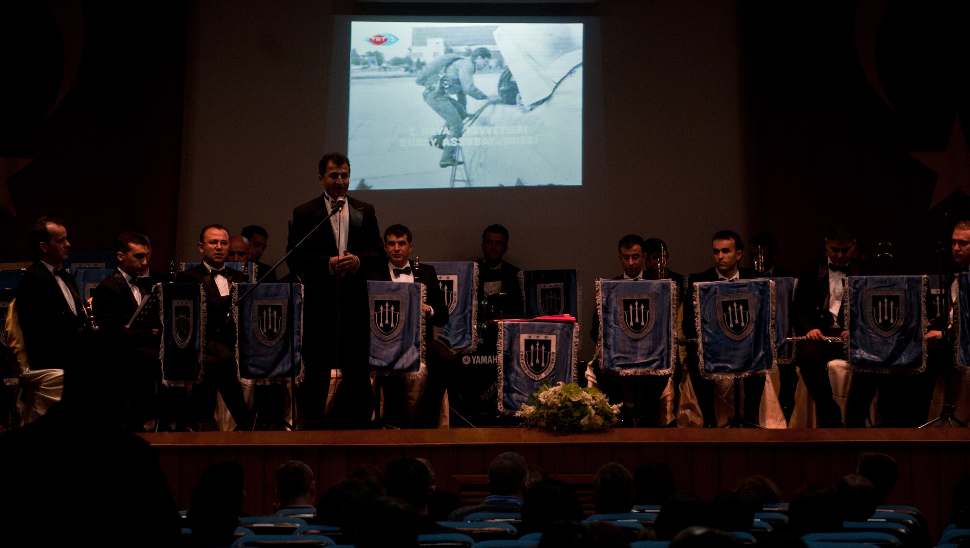 The 2nd Turkish Air Force Band performs March 10, 2011, for personnel from the 10th Tanker Command, Airmen from the 39th Air Base Wing and their families, at the base theater at Incirlik Air Base, Turkey. The 24 band members performed at several Turkish air force bases to celebrate the centennial birthday of the Turkish air force (also referred to as THK). The THK was founded in 1911 during the Ottoman Empire and is one of the oldest air forces in the world.  (U.S. Air Force photo by Staff Sgt. Alexandre Montes/Released) 