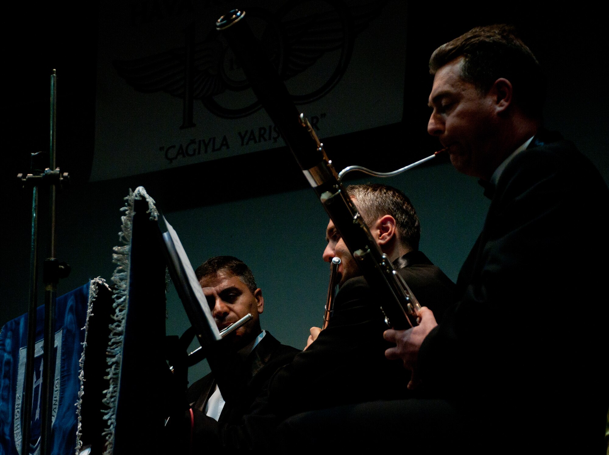The 2nd Turkish Air Force Band performs March 10, 2011, for personnel from the 10th Tanker Command, Airmen from the 39th Air Base Wing and their families, at the base theater at Incirlik Air Base, Turkey. The 24 band members performed at several Turkish air force bases to celebrate the centennial birthday of the Turkish air force (also referred to as THK). The THK was founded in 1911 during the Ottoman Empire and is one of the oldest air forces in the world.  (U.S. Air Force photo by Staff Sgt. Alexandre Montes/Released) 