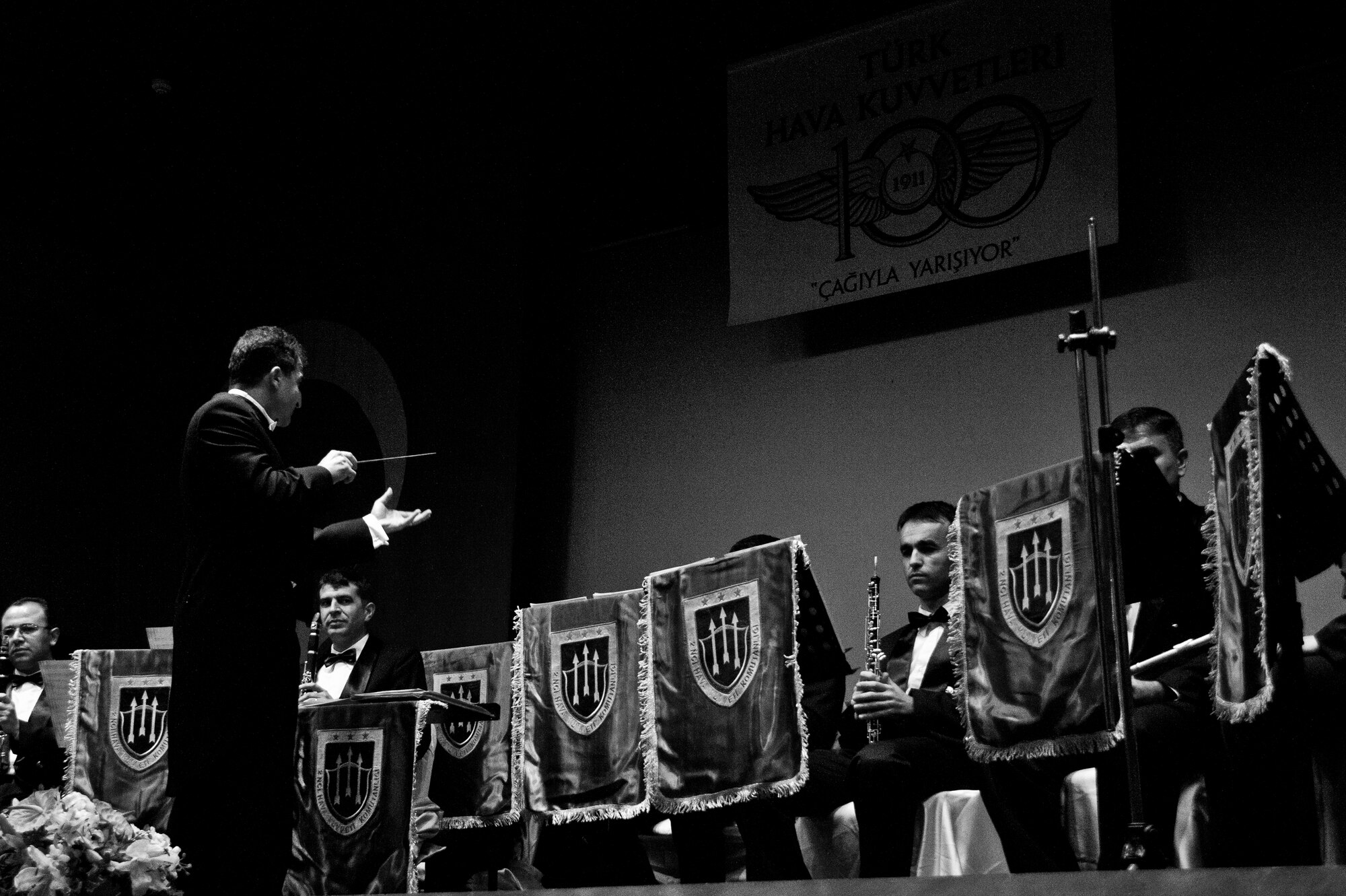 The 2nd Turkish Air Force Band performs March 10, 2011, for personnel from the 10th Tanker Command, Airmen from the 39th Air Base Wing and their families, at the base theater at Incirlik Air Base, Turkey. The 24 band members performed at several Turkish air force bases to celebrate the centennial birthday of the Turkish air force (also referred to as THK). The THK was founded in 1911 during the Ottoman Empire and is one of the oldest air forces in the world.  (U.S. Air Force photo by Staff Sgt. Alexandre Montes/Released) 