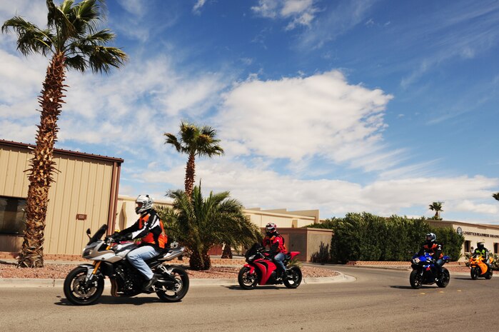 NELLIS AIR FORCE BASE, Nev. --  Members from the 99th Logistics Readiness Squadron head to downtown Las Vegas during motorcycle safety training, March 25. The safety course gives motorcycles riders, experienced and new, a refresher in safety and the opportunity to ride in a large group. (U.S. Air Force photo by Staff Sgt. William P.Coleman)
  

