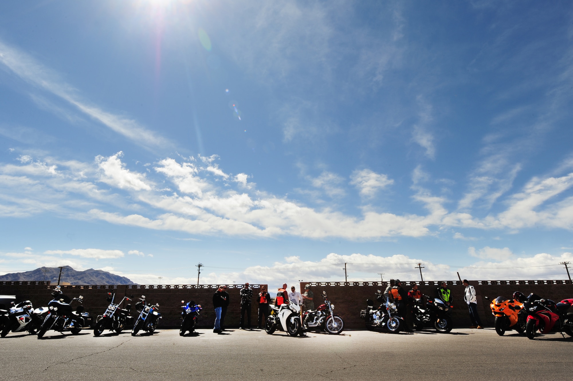 NELLIS AIR FORCE BASE, Nev. -- Members from the 99th Logistics Readiness Squadron meet for a motorcycle safety briefing, March 25. The safety course gives motorcycles riders, experienced and new, a refresher in safety and the opportunity to ride  in a large group.  (U.S. Air Force photo by Staff Sgt. William P.Coleman)
  

