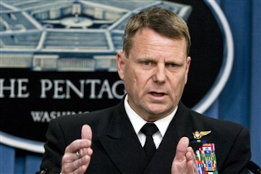 U.S. Navy Vice Adm. Bill Gortney, director of the Joint Staff, conducts a press briefing about the situation in Libya at the Pentagon, March 28, 2011.  

