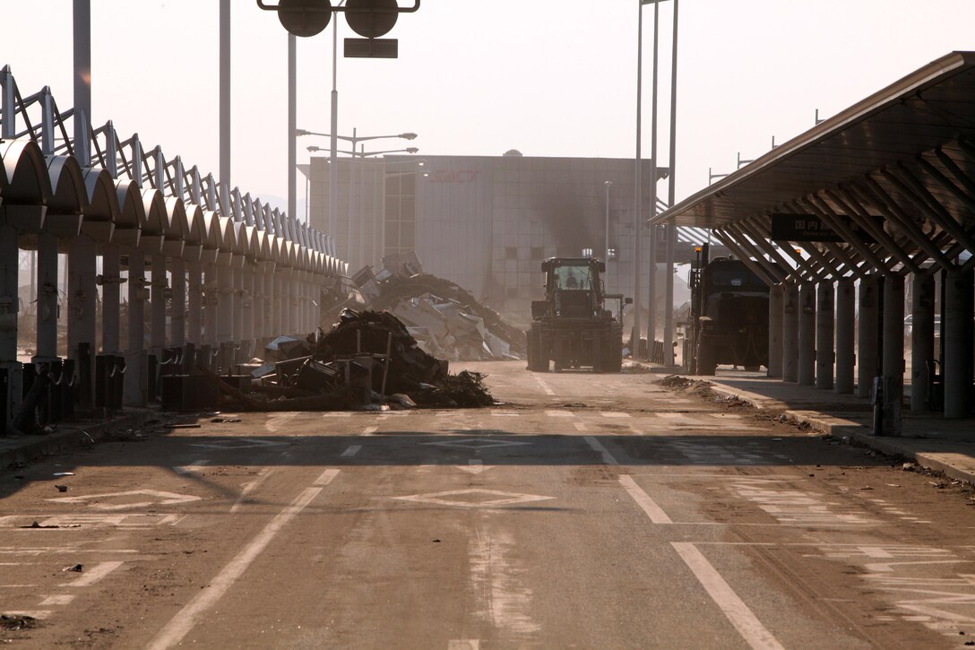 Streets surrounding the Sendai airport begin to show improvement from the vast destruction caused by the earthquake and tsunami that struck the area March 11. U.S. service members and their Japanese counterparts have been working around the clock to restore the airport.