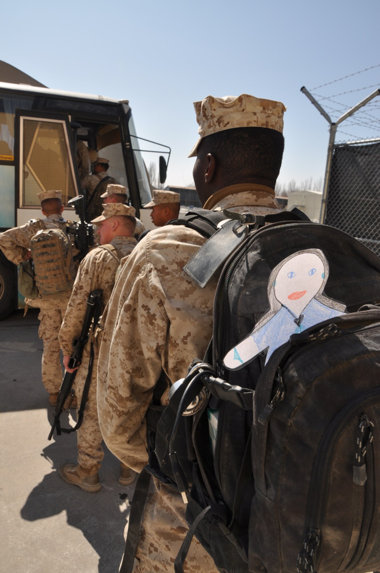 Flat Stanley hitches a ride with Marines going back home to Camp Lejeune, N.C.,  through the Transit Center at Manas, Kyrgyzstan. Upon arriving at the Transit Center, Flat Stanley has been spotted participating in a number of Transit Center activities. Stanley is now safely back in his envelope and in the mail on his way home to North Carolina. (U.S. Air Force photo/Master Sgt. Daniel Nathaniel)
