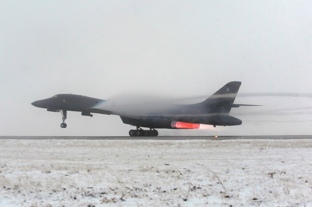A B-1B Lancer takes off in support Operation Odyssey Dawn from Ellsworth Air Force Base, S.D., March 27, 2011.   This mission marked the first time the B-1 fleet has launched combat sorties from the continental United States to strike targets overseas. (U.S. Air Force photo/Staff Sgt. Marc I. Lane)