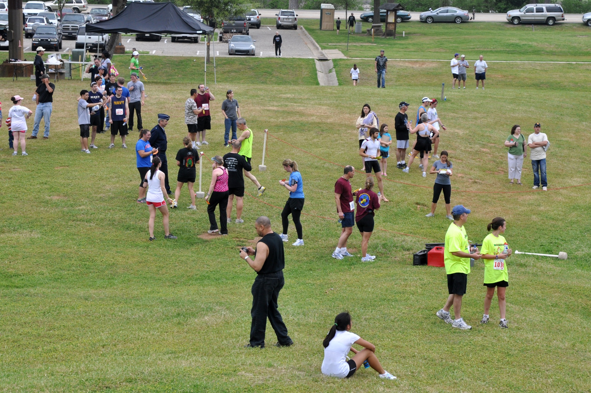Participants and spectators gather to congratulate those who complete the Overton Brooks VA Medical Center’s 2nd Annual Warrior Run at Veterans Park in Shreveport, La., March 26, 2011. The proceeds raised at the event will support OBVAMC Voluntary Service programs such as: homeless Veteran services, rehabilitation equipment, social service assistance, comfort items, transportation, holiday gifts and other volunteer funded services. (U.S. Air Force photo/Tech. Sgt. Jeff Walston)

