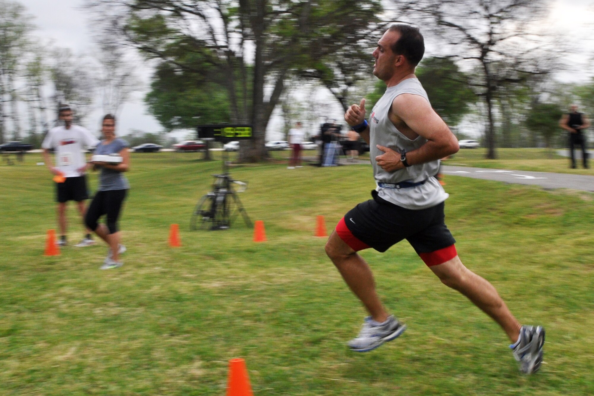 Leo Wake, who is from Smackover, Ark., crosses the finish line during the Overton Brooks VA Medical Center’s 2nd Annual Warrior Run at Veterans Park in Shreveport, La., March 26, 2011. Wake, who is a delivery driver by trade, competed in the 5K portion of the race. The proceeds raised at the event will support OBVAMC Voluntary Service programs such as: homeless Veteran services, rehabilitation equipment, social service assistance, comfort items, transportation, holiday gifts and other volunteer funded services. (U.S. Air Force photo/Tech. Sgt. Jeff Walston)