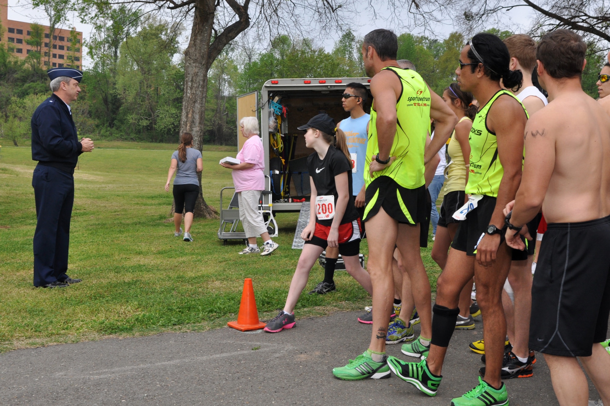 Brig. Gen. John J. Mooney III, commander, 307th Bomb Wing, Barksdale Air Force Base, La., addresses the participants before the start of the Overton Brooks VA Medical Center’s 2nd Annual Warrior Run at Veterans Park in Shreveport, La., March 26, 2011. General Mooney was on hand at the annual event to start the race. The proceeds raised at the event will support OBVAMC Voluntary Service programs such as: homeless Veteran services, rehabilitation equipment, social service assistance, comfort items, transportation, holiday gifts and other volunteer funded services. (U.S. Air Force photo/Tech. Sgt. Jeff Walston)