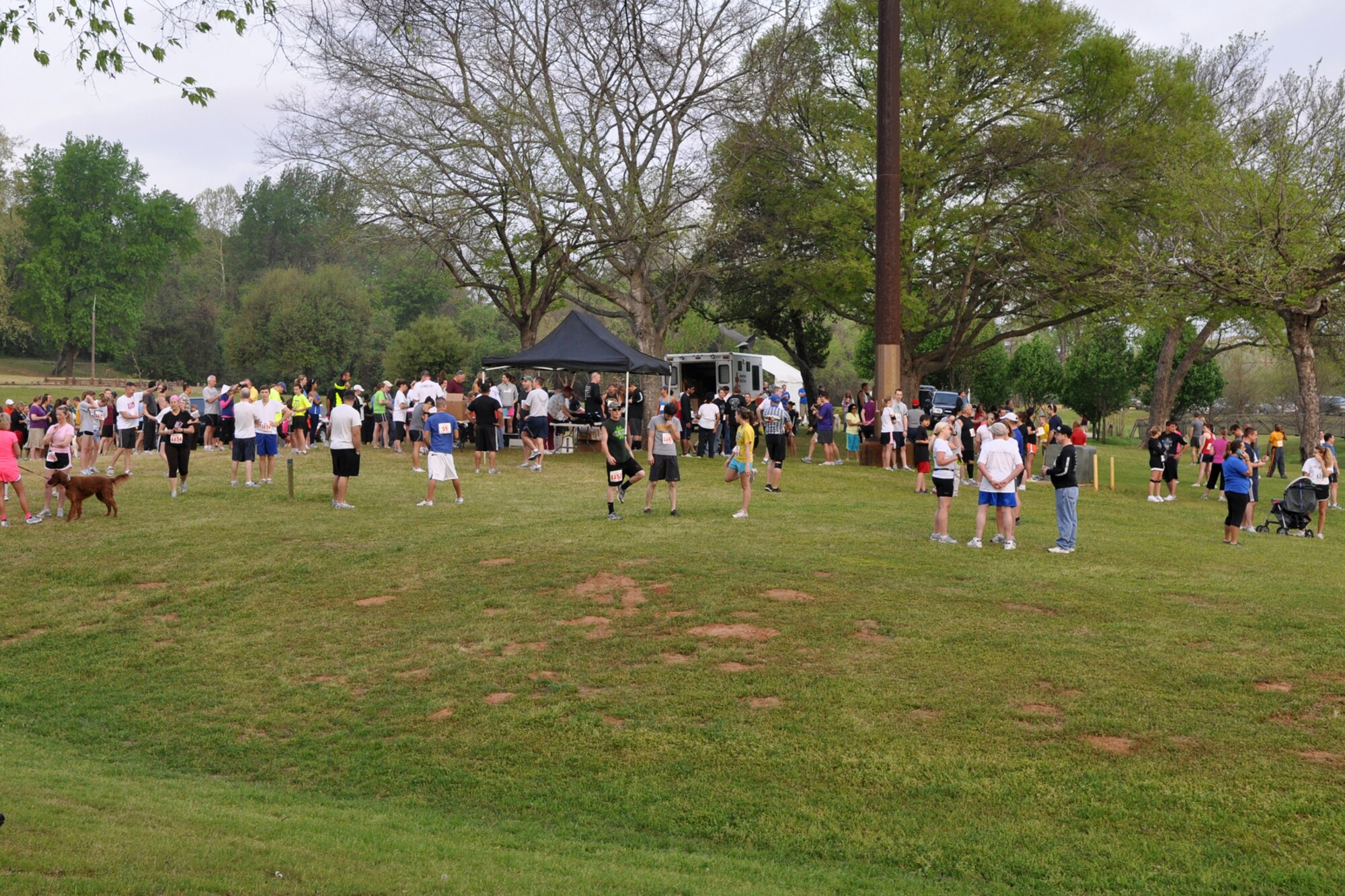 Participants wait for the start of the Overton Brooks VA Medical Center’s 2nd Annual Warrior Run at Veterans Park in Shreveport, La., March 26, 2011. The race consisted of a 10K/5K Walk and Run. The proceeds raised at the event will support OBVAMC Voluntary Service programs such as: homeless Veteran services, rehabilitation equipment, social service assistance, comfort items, transportation, holiday gifts and other volunteer funded services. (U.S. Air Force photo/Tech. Sgt. Jeff Walston)