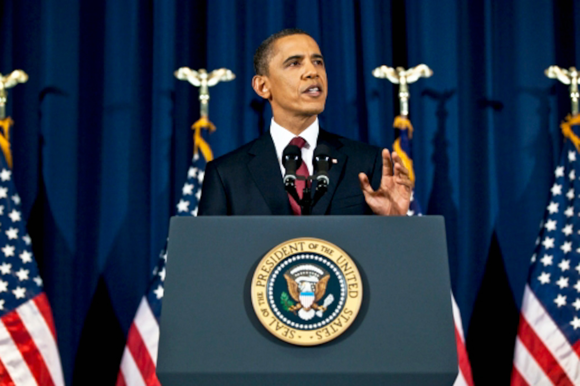 President Barack Obama delivers an address at the National Defense University in Washington, D.C., March 28, 2011, to update Americans on the situation in Libya.  (White House photo/Pete Souza)