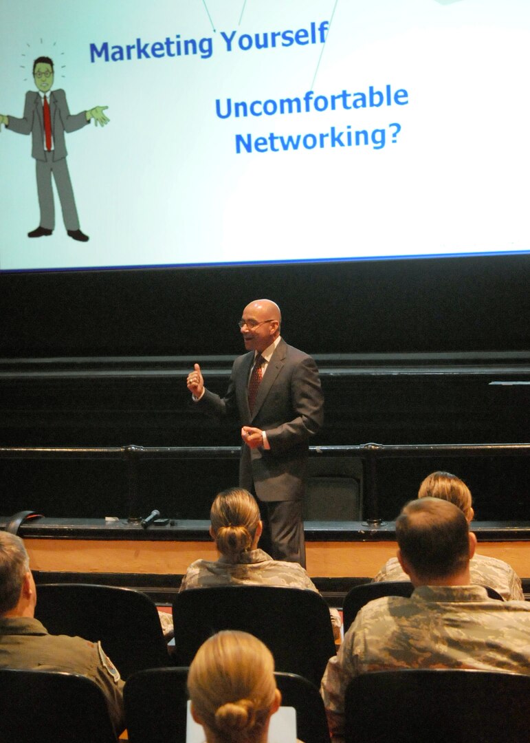 Randolph AFB, TX, 3/29/2011:  Dan Koslov, Col. (ret.) lectures on "Marketing Yourself for a Second Career," in the base theater, March 29, 2011, on Randolph Air Force Base, Texas. The lecture was sponsored by the Airmen and Family Readiness Center.(U.S. Air Force photo/David Terry)
