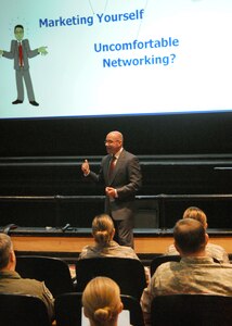 Randolph AFB, TX, 3/29/2011:  Dan Koslov, Col. (ret.) lectures on "Marketing Yourself for a Second Career," in the base theater, March 29, 2011, on Randolph Air Force Base, Texas. The lecture was sponsored by the Airmen and Family Readiness Center.(U.S. Air Force photo/David Terry)