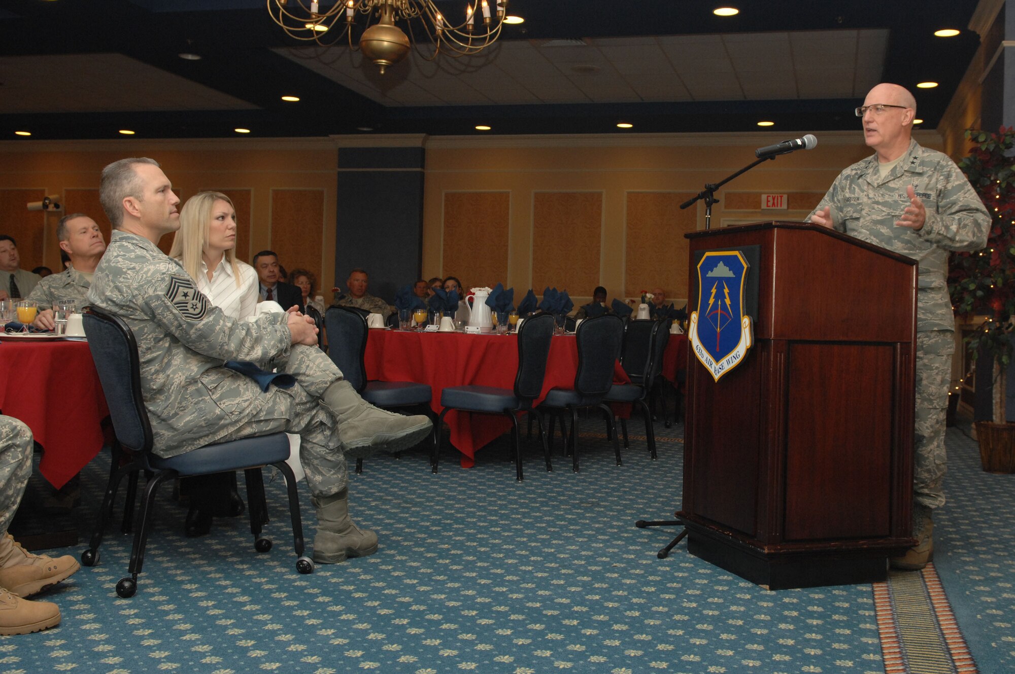 Chief of chaplains, Maj. Gen. Cecil Richardson, Headquarters U.S. Air Force, speaks to members of Joint Base Langley-Eustis during the 58th Annual National Prayer Breakfast at Langley’s Enlisted Club, March 29, 2011.  The prayer breakfast celebrates the spiritual diversity of Team Langley-Eustis. (U.S. Air Force photo by Airman 1st Class Racheal Watson/Released)