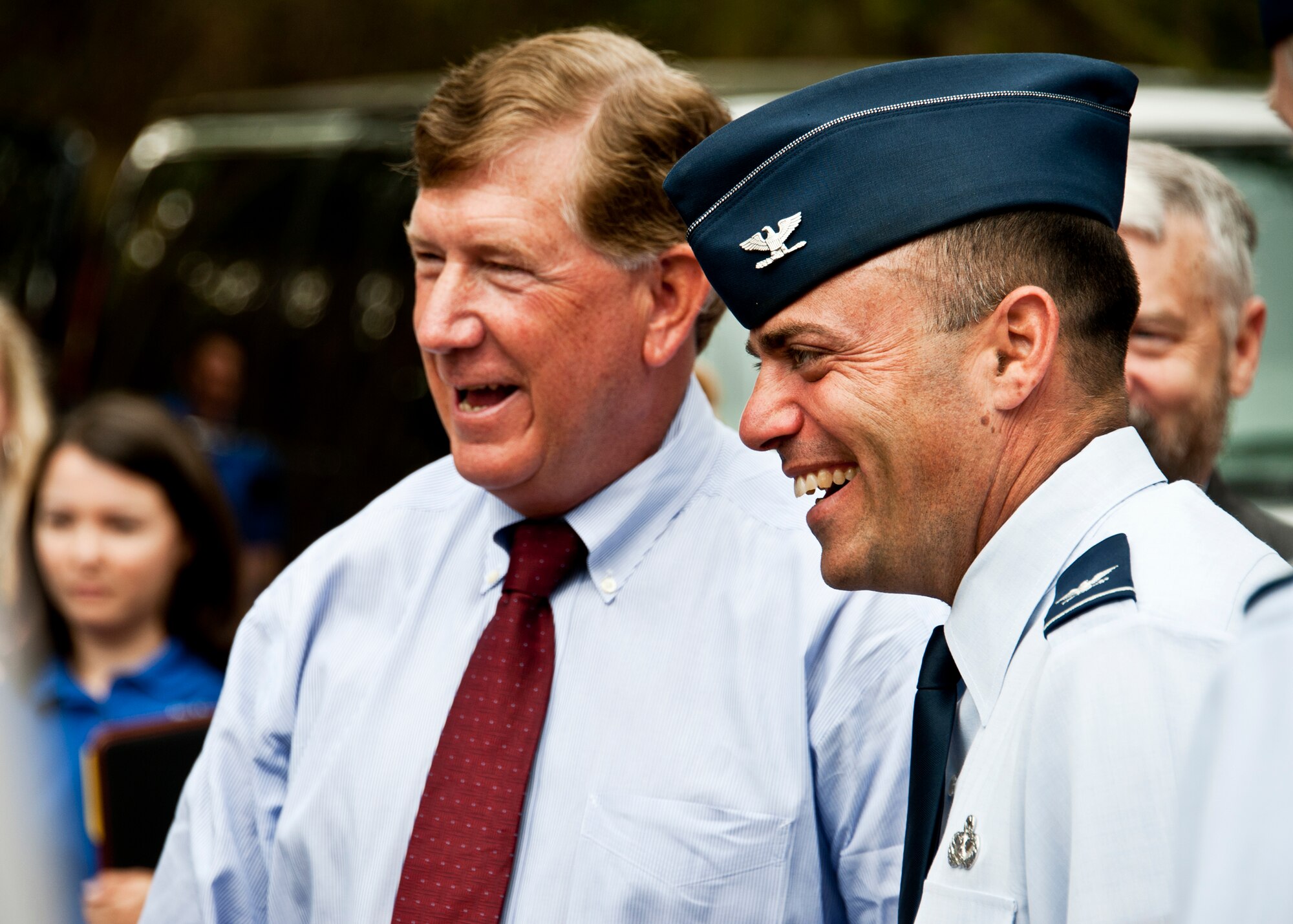 Terry Yonkers, Assistant Secretary of the Air Force for Installations, Environment and Logistics and Col. Sal Nodjomian, 96th Air Base Wing commander hear some facts about the Okaloosa darter March 28 at Eglin Air Force Base, Fla.  The small fish, whose habitat is almost exclusively on the Eglin ranges, became the first-ever fish on DoD lands to be reclassified on the endangered species list.  It remains in the “threatened” status, but due to major erosion control efforts by 96th Civil Engineer Group’s Natural Resources Management Section and the U.S. Fish and Wildlife Service the population has tripled since 1995, bringing the species back from the brink of extinction.  (U.S. Air Force photo/ Samuel King Jr.)
 
