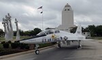 T-38 "White Rocket ' is on display in front of the 12th Flying Training Wing Headquarters ( Known as the Taj) on Randolph Air Force Base, Texas.  The T-38 was on display in celebration of the Freedom Flers wreath laying ceremony, March 25. The T-38 displayed was also dedicated during the T-38 50th Anniversary at Randolph Air Force Base, Texas (U.S. Air Force Photo By Don Lindsey)