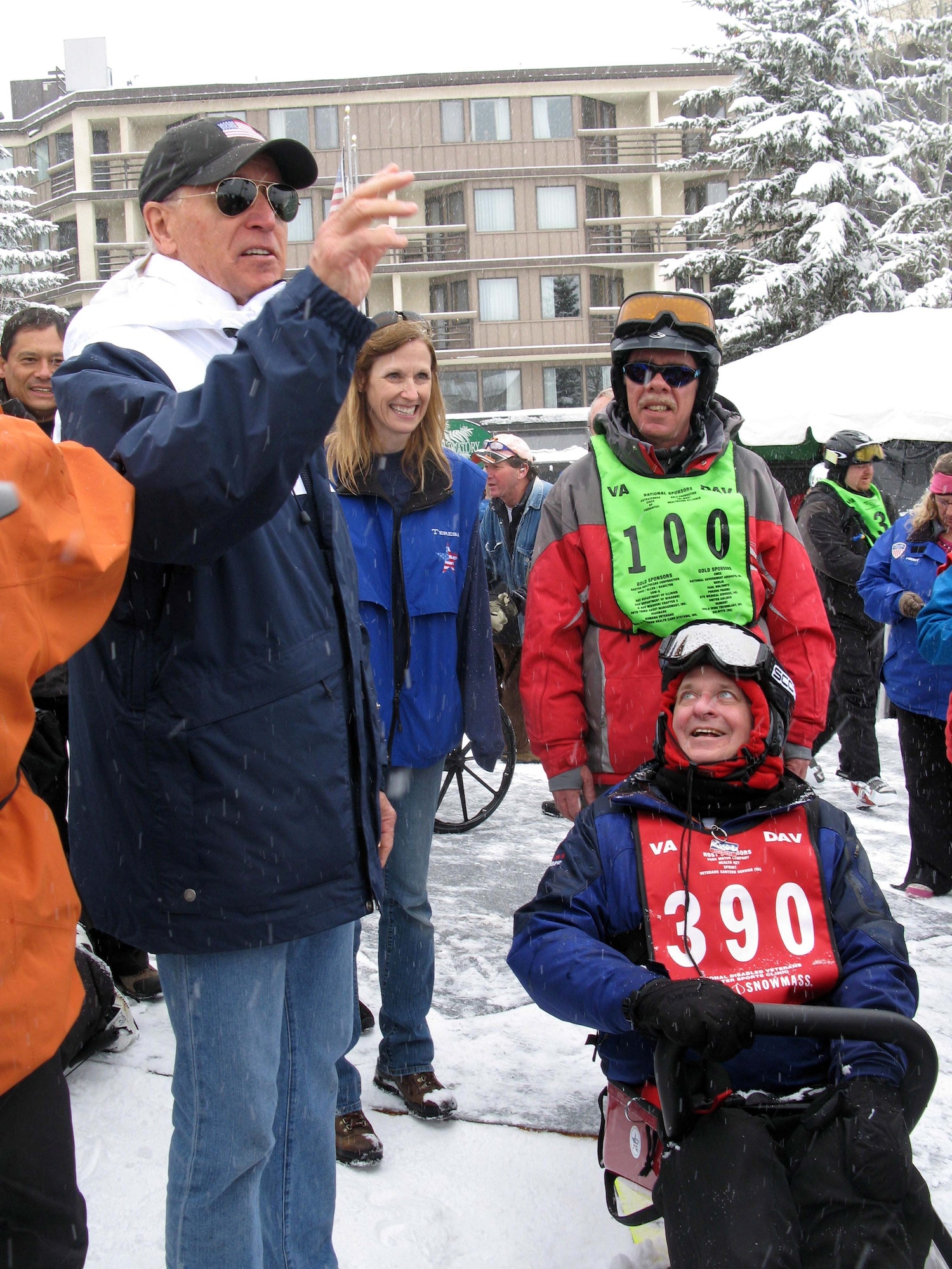 Vice President Joe Biden makes a surprise appearance amid a heavy snow March 28, 2011, to cheer on participants at the 25th National Disabled Veterans Winter Sports Clinic in Snowmass Village, Colo. (DOD photo/Donna Miles)  