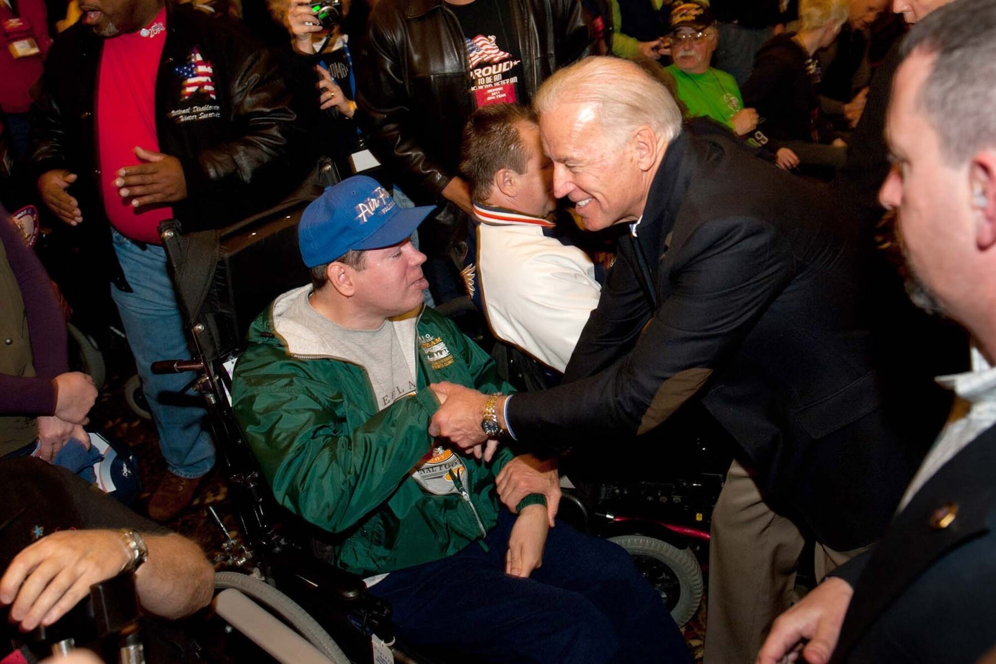 Vice President Joe Biden greets a participant at the opening ceremonies for the 25th National Disabled Veterans Winter Sports Clinic March 27, 2011, in Snowmass Village, Colo.  (VA photo/Robert Turtil)