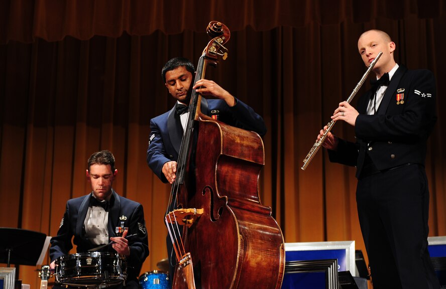 OFFUTT AIR FORCE BASE, Neb. - The Heartland of America Band's Noteables jazz ensemble performs at Atlantic Middle School's auditorium in Atlantic, Iowa, March 26.  The band often travels long distances from their hotel in order to reach sometimes very small venues where fans of jazz await their arrival. U.S. Air Force photo by Josh Plueger (released) 
