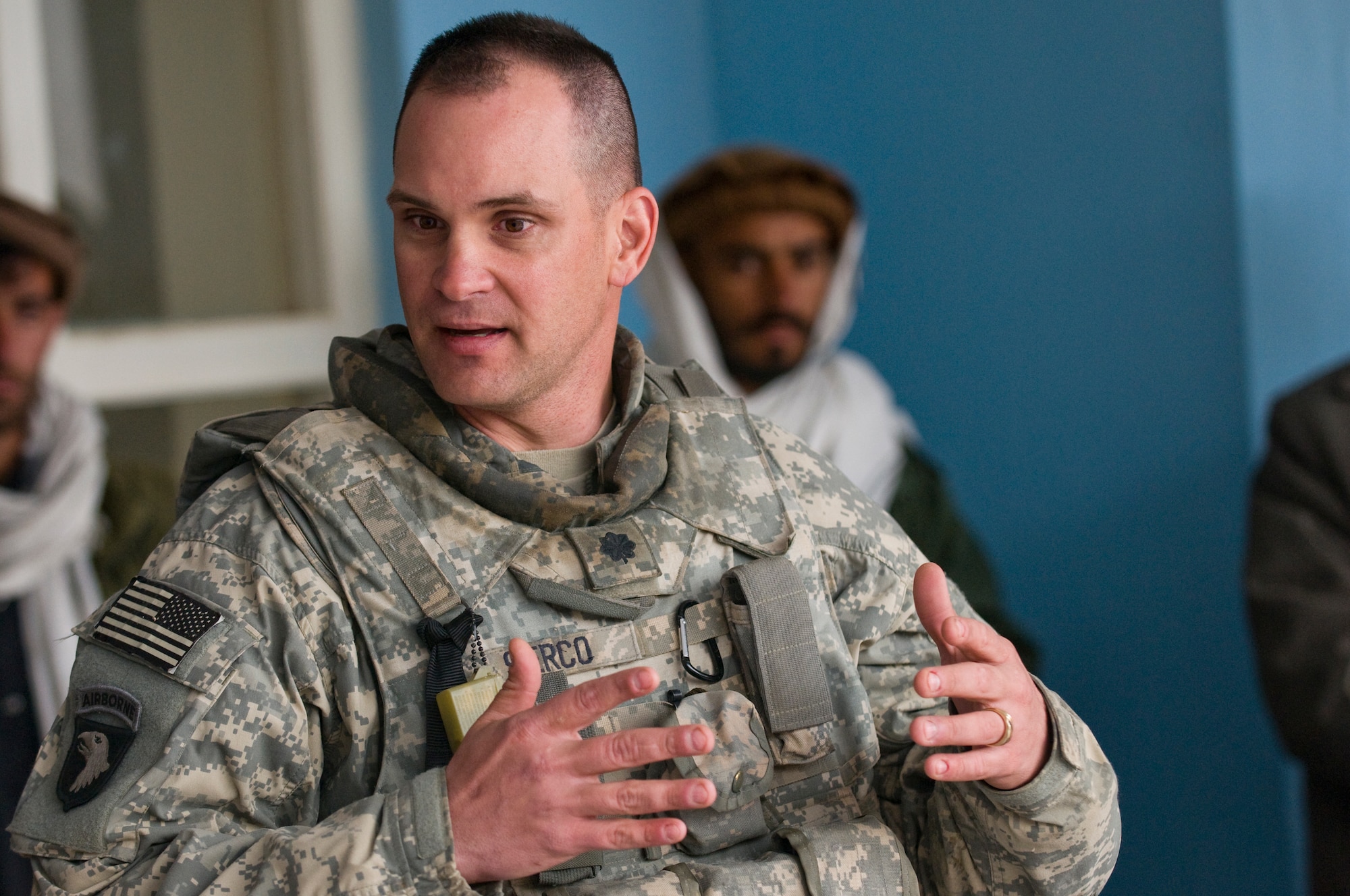 KAPISA PROVINCE, Afghanistan – U.S. Air Force Lt. Col. Michael Sierco, Kapisa Provincial Reconstruction Team commander from Bowie, Md., speaks to school and Government of Islamic Republic of Afghanistan officials at the ribbon cutting ceremony for Kohi Girl’s School in Afghanya here, March, 28. The girl’s school was built to accommodate more than 400 female students from the Afghanya valley. The mission of Kapisa PRT is to help facilitate the local and national governments of Afghanistan working together to help provide for the development and security needs of the Afghan people.  (Photo by U.S. Air Force Staff Sgt. Kyle Brasier, Kapisa Provincial Reconstruction Team Public Affairs / released)

