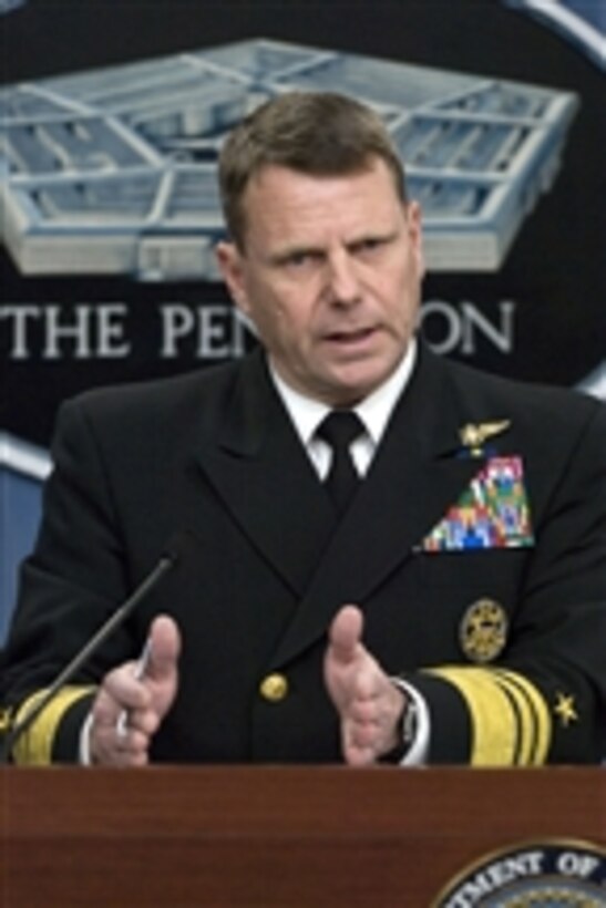 Director of the Joint Staff Vice Adm. Bill Gortney conducts a press briefing on the current situation in Libya in the Pentagon on March 28, 2011.  