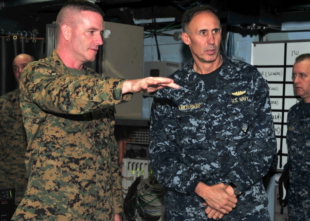 Col. Andrew MacMannis, commanding officer of the 31st Marine Expeditionary Unit, left, discusses operational capabilities with Vice Adm. Scott R. Van Buskirk, commander, U.S. 7th Fleet aboard the forward-deployed amphibious assault ship USS Essex (LHD 2). Essex, with the embarked 31st MEU, is currently operating off the coast of Kesennuma in northeastern Japan in support of Operation Tomodachi.