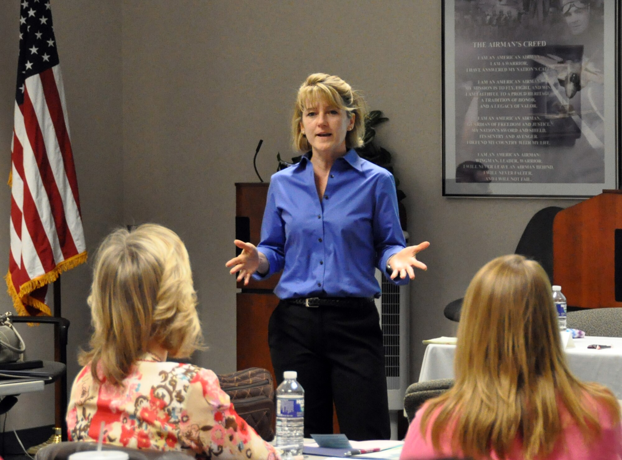 SCOTT AIR FORCE BASE, Ill. -- Tammy Cox addresses a workshop audience March 16 at the Airman and Family Readiness Center for military parents of school children as part of the PASS program. (Photo by Bob Fehringer)

