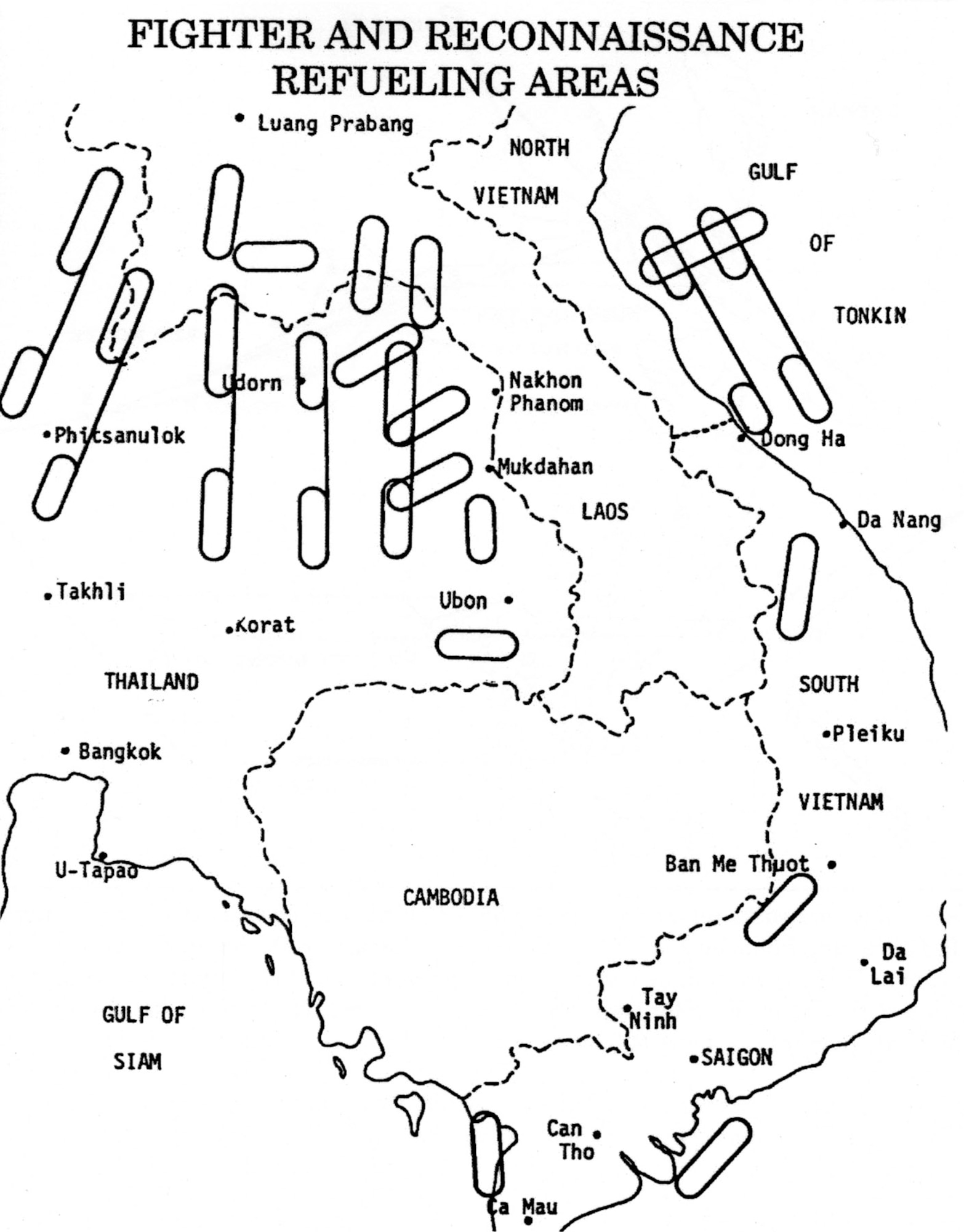 Fighter and reconnaissance refueling “anchors.” KC-135 Stratotankers loitered along the oval “racetrack” patterns, awaiting combat aircraft on their way to and from targets in North Vietnam, Laos and Cambodia. Tanker bases on this map include Takhli, Korat, and U-Tapao in Thailand. (U.S. Air Force photo)