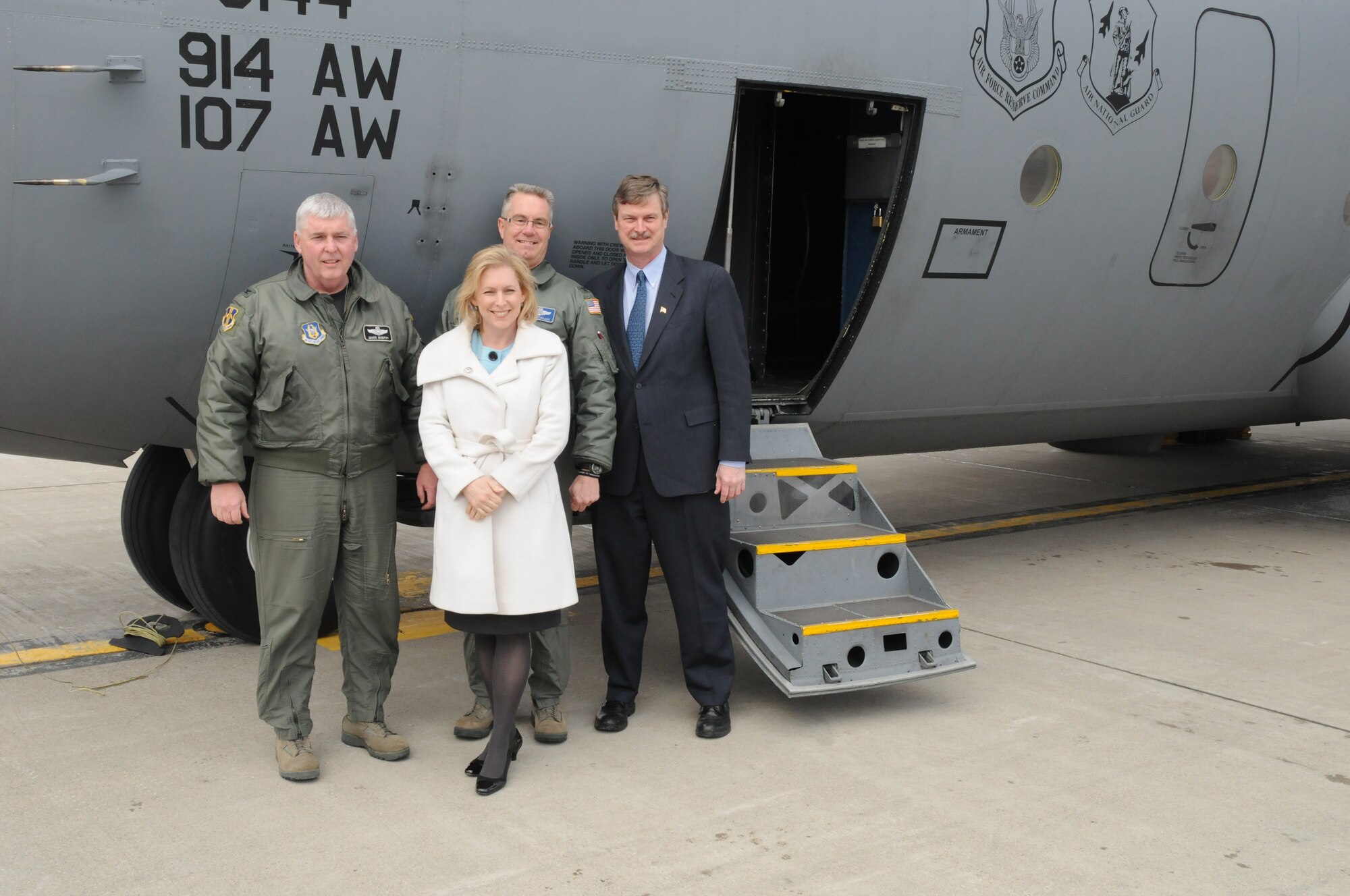 Senator Kirsten Gillibrand toured facilities here March 25 to see firsthand how they've improved since the base was taken off the closure list in 2005. 
It was the first time the New York senator visited the base, both Wing Commanders Col Mark Murphy 914th AW and Col Jim McCready 107th AW showed her the new Small Arms Range under construction and the completed Army Guard Reserve Training Center. 
(Air Force Photo/SMSgt Ray Lloyd)