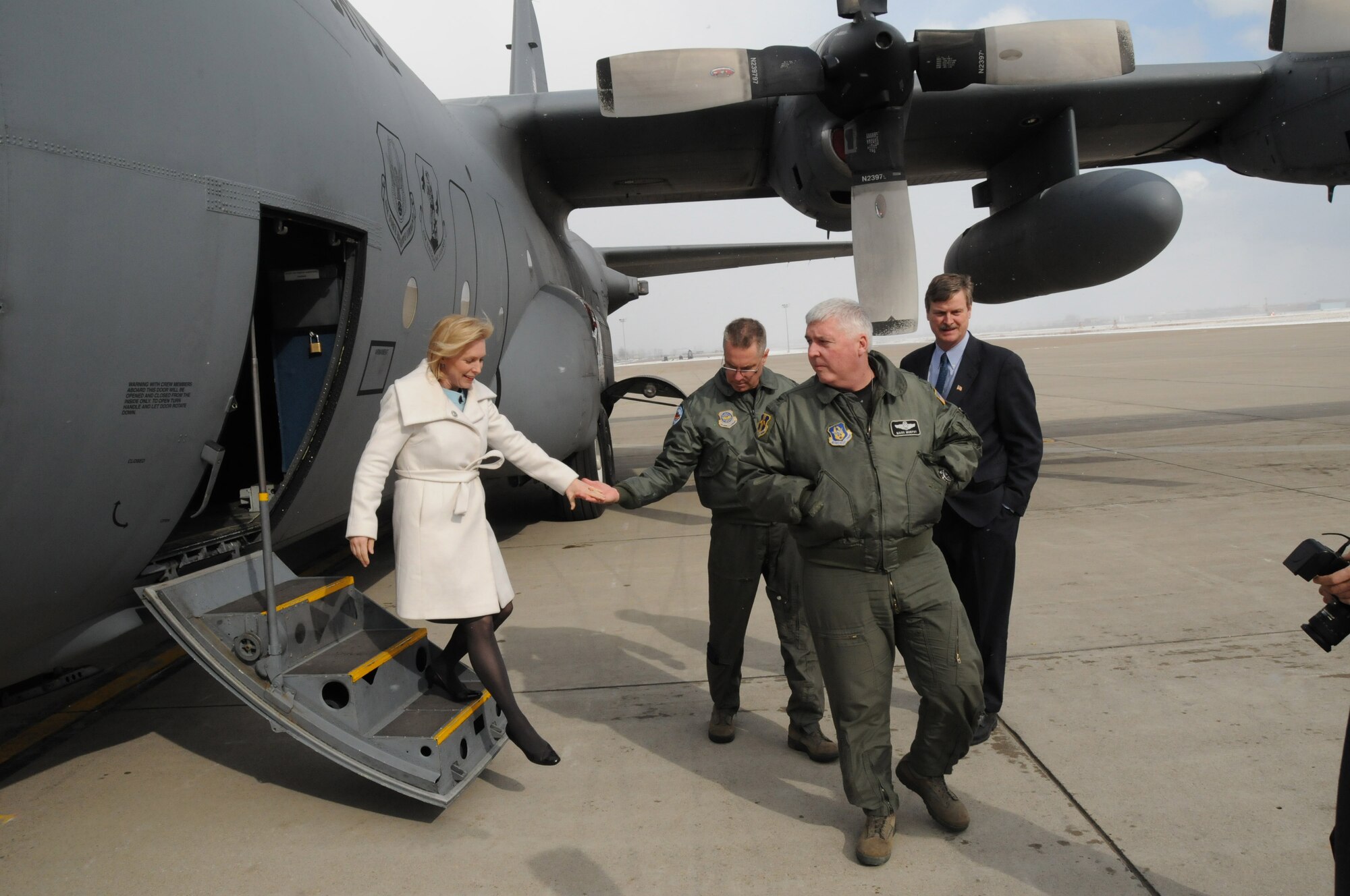 Senator Kirsten Gillibrand toured facilities here March 25 to see firsthand how they've improved since the base was taken off the closure list in 2005. 
It was the first time the New York senator visited the base, both Wing Commanders Col Mark Murphy 914th AW and Col Jim McCready 107th AW showed her the new Small Arms Range under construction and the completed Army Guard Reserve Training Center. 
(Air Force Photo/SMSgt Ray Lloyd)