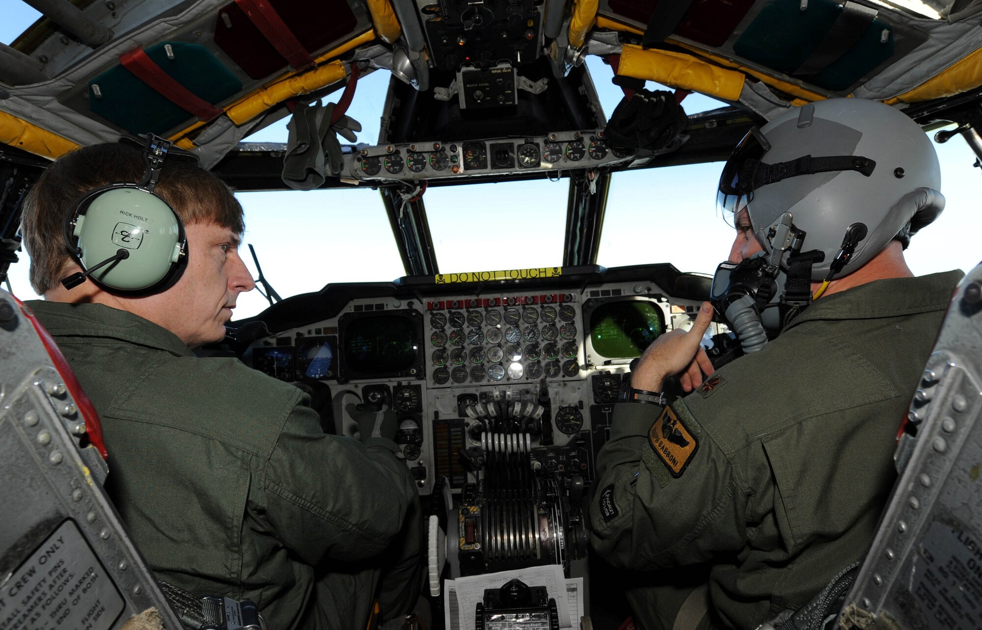 Congressman John C. Fleming receives an orientation flight from Maj. Joseph Babboni, 11th Bomb Squadron pilot, in a B-52H Stratofortress from Barksdale Air Force, La., March 25. (U.S. Air Force photo/Senior Airman Alexandra M. Boutte)(RELEASED)
